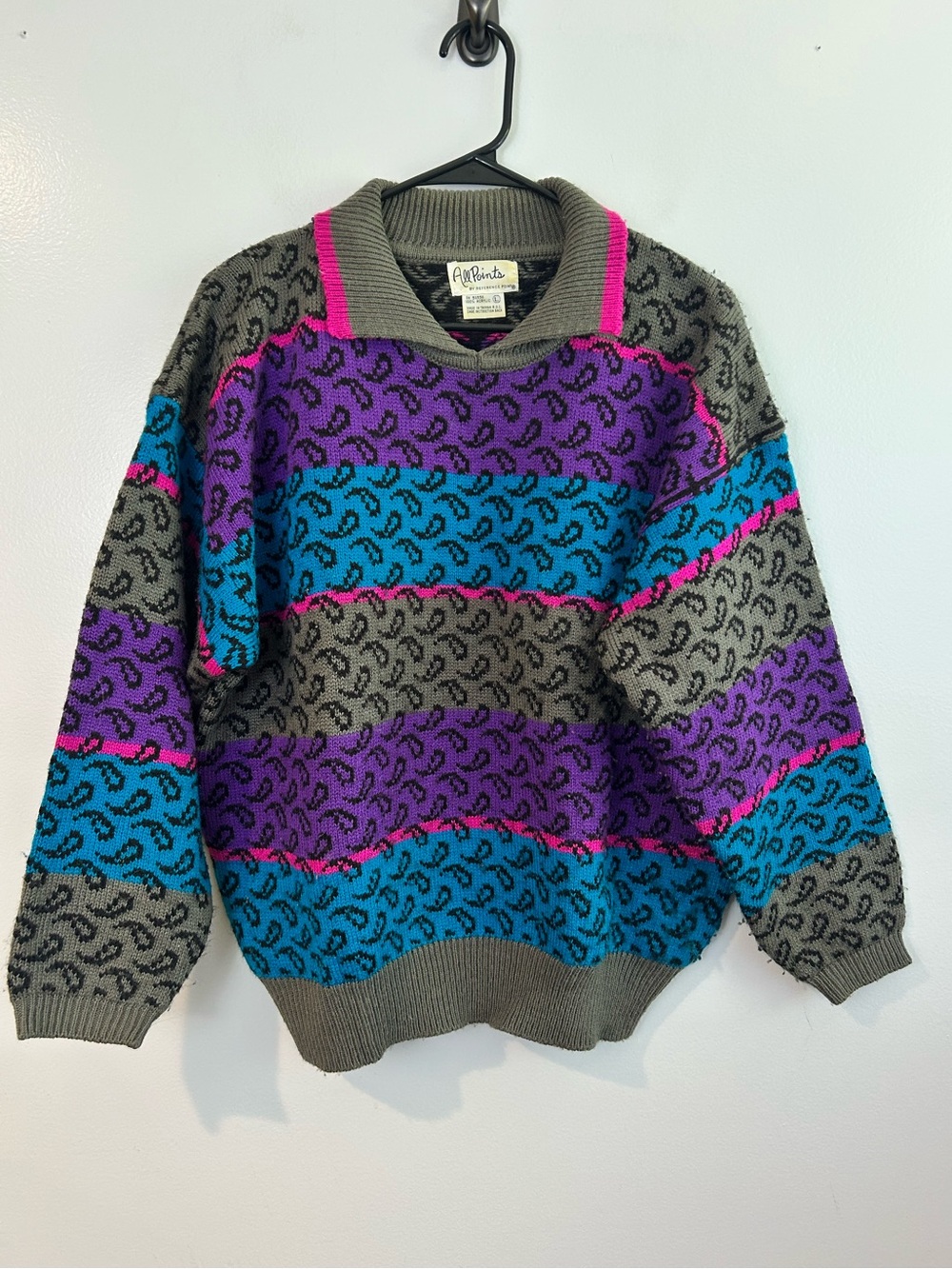 Vintage All Points Purple/Blue Paisley Animal Print Striped Sweater Large 80's